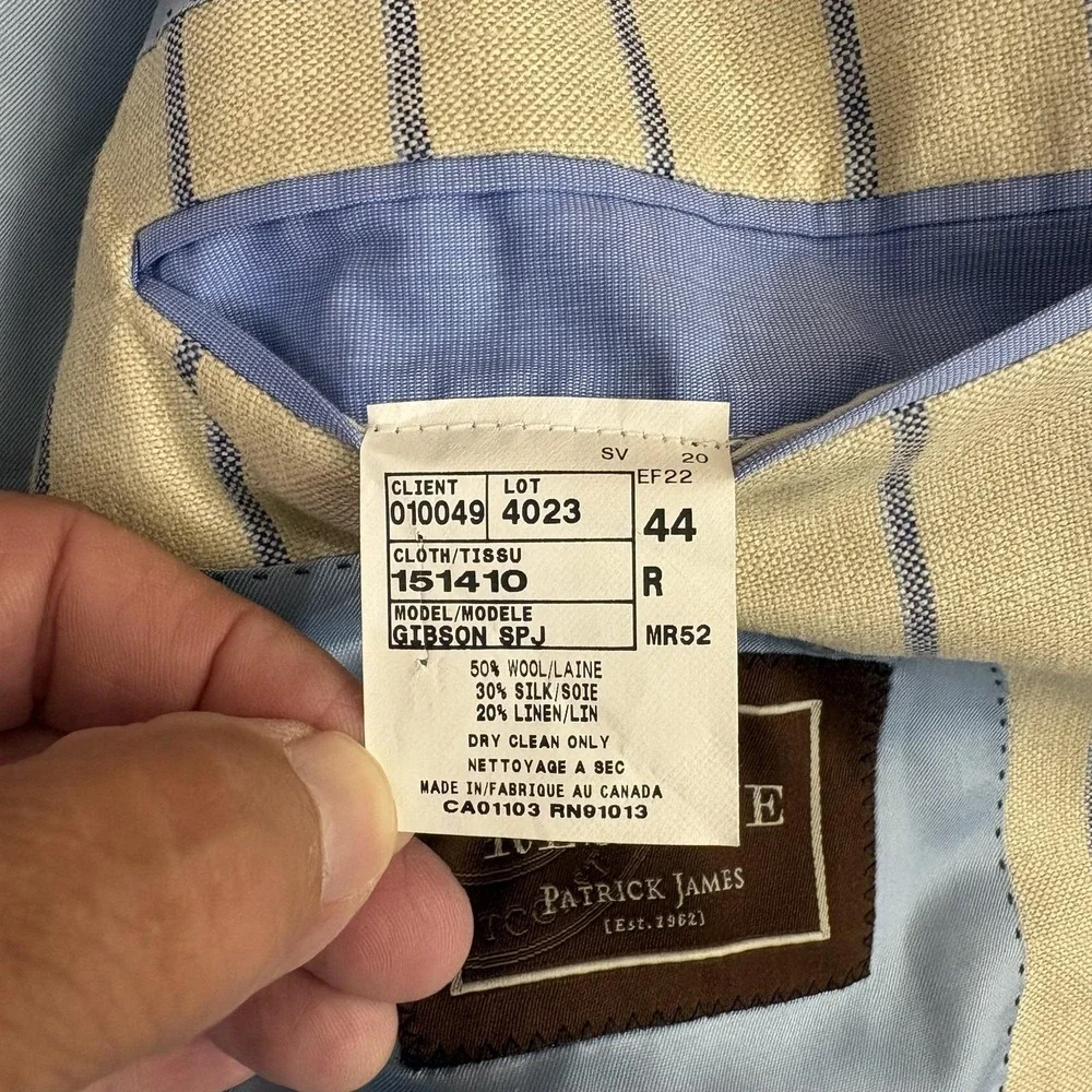 Patrick James Reserve Blazer Sport Coat Mens 44 Beige Stripe Wool Silk Linen